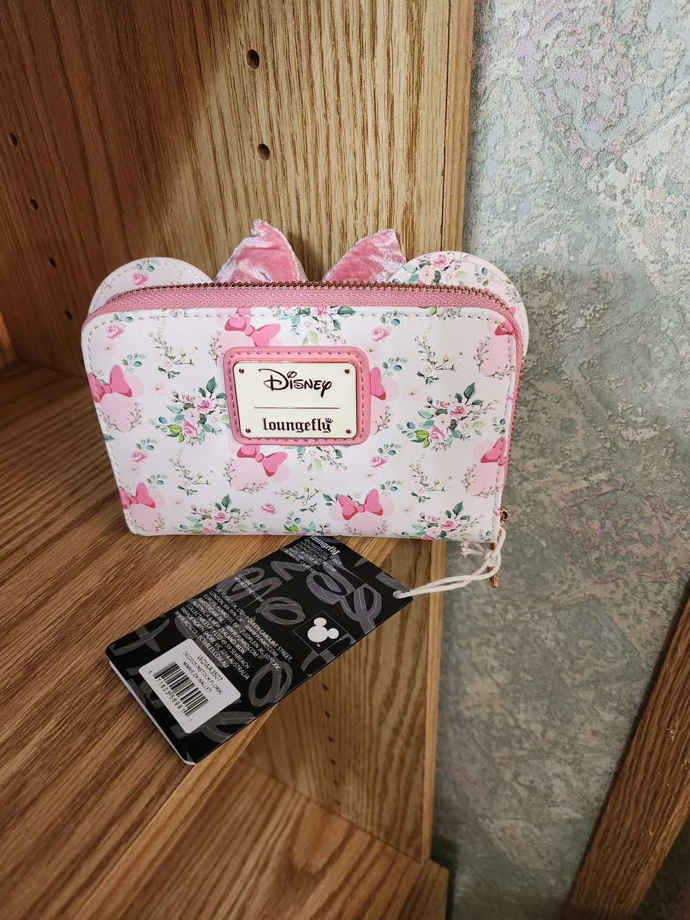 Loungefly Hard Tag Pink Floral Minnie Ear Card Wallet with Velvet Bow